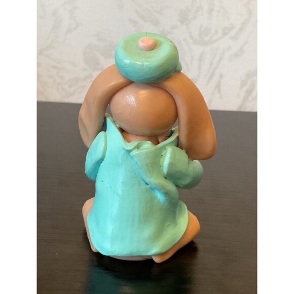 Handmade Clay Bunny Figurine With Hat & Coat 3" Easter Decor - Picture 3 of 6